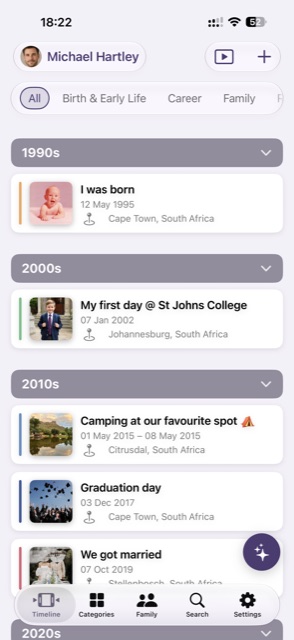 The This is My Life timeline, showing moments grouped by decade with dates and places