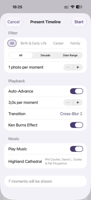 Presentation settings for playback: category filters, timing, transitions and music