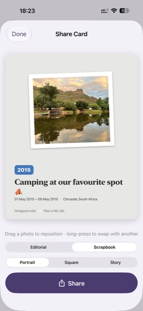 A single moment laid out as a shareable card, with editorial and scrapbook styles